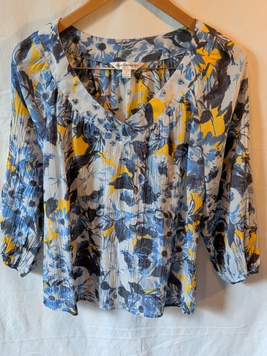 Counterparts Tops - Counterparts Blue, Yellow & White Floral V-Neck Blouse